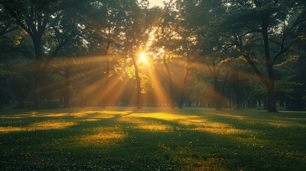 Photo sunbeams illuminating a forest clearing at sunrise