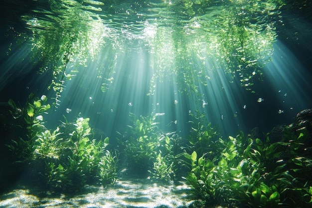 Photo sunbeams illuminating underwater plants and fish