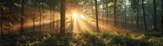 Photo sunbeams pierce through the lush green forest illuminating the foliage and creating a tranquil magical scene