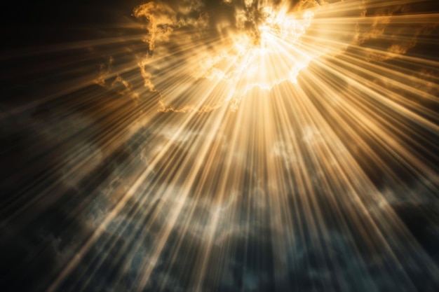 Photo sunbeams radiate through fluffy clouds illuminating the sky with a warm golden glow radiant beams of light bursting through a dark background suggesting hope and resilience ai generated