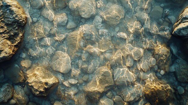 Sunbeams Reflecting on Riverbed Rocks