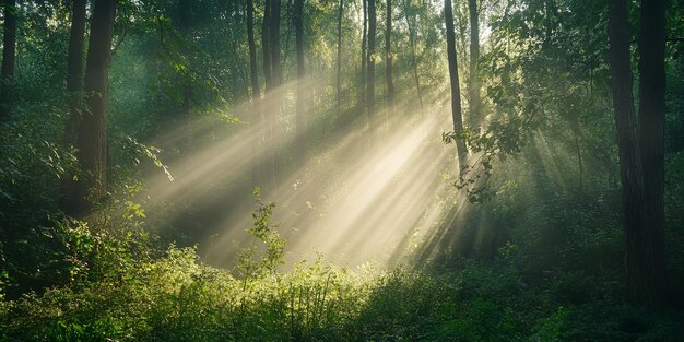 Photo sunbeams shine through dense green trees in a mystical forest