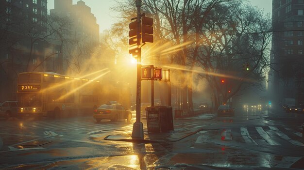 Sunbeams shining on urban street corner