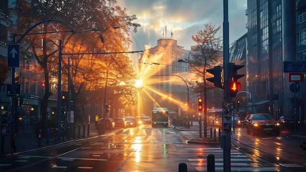 Sunbeams shining on urban street corner