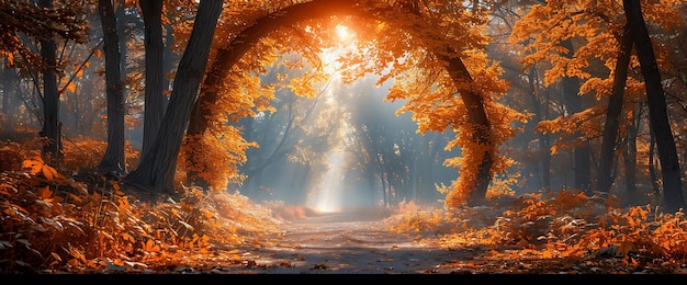 Sunbeams streaming through an arch of golden leaves in a mystical autumn forest