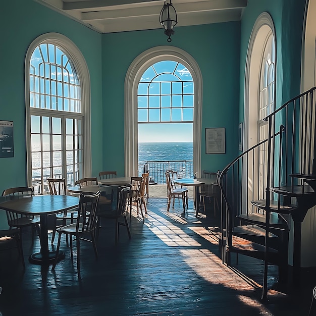 Sunbeams Streaming Through Arched Windows in a Coastal Building