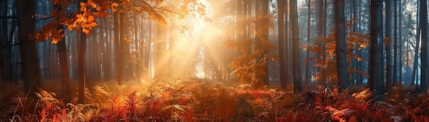 Sunbeams Through Autumn Forest in Morning Mist