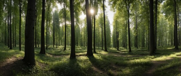 Photo sunbeams through dense forest canopy