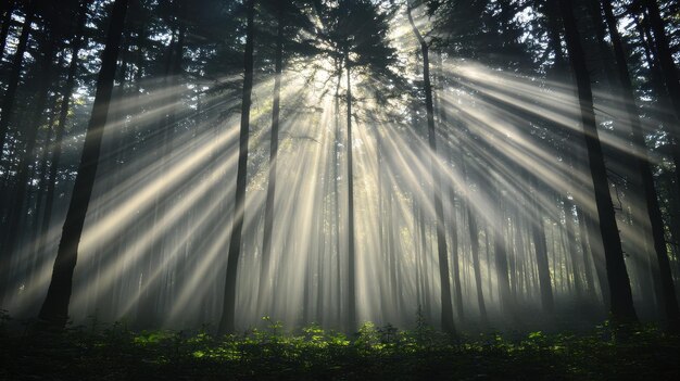 Photo sunbeams through forest trees with fog