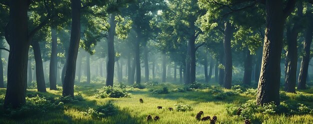 Photo sunbeams through mist in a lush green forest 3d illustration