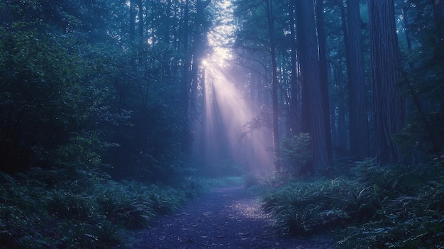 Sunbeams Through Misty Forest Path