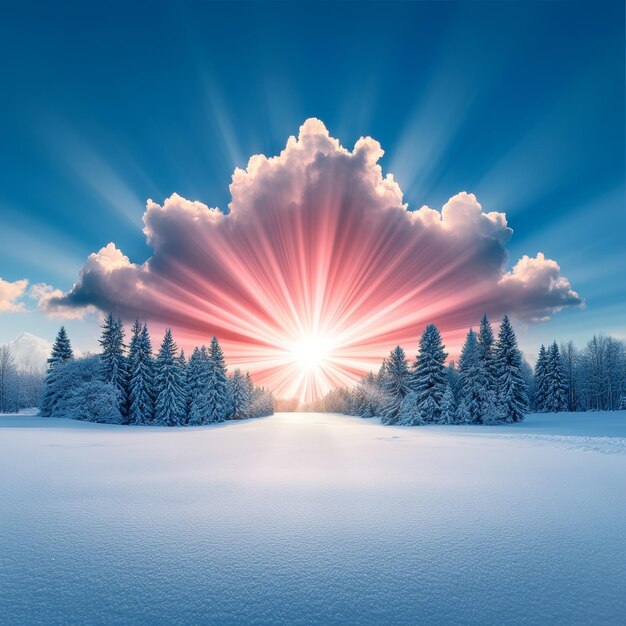 Photo sunbeams through snow covered trees in winter wonderland