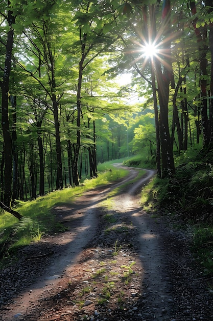 Sunbeams Through The Trees On A Winding Forest Path