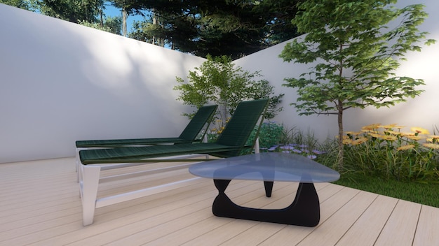 Sunbed and coffee table on the wooden deck with trees on the background 3d illustration