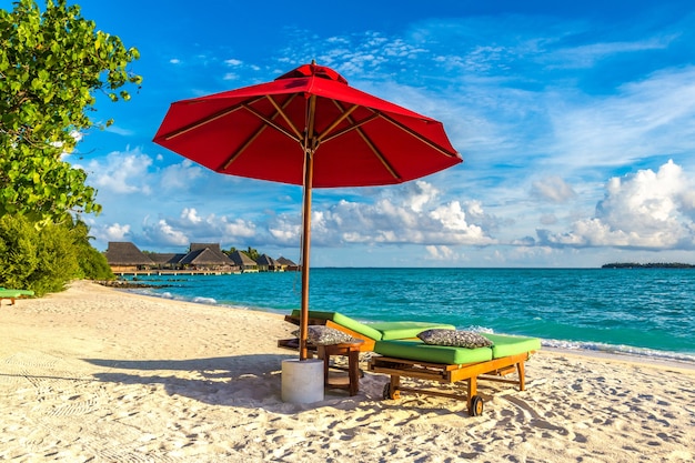 Sunbed and umbrella on tropical beach in the Maldives