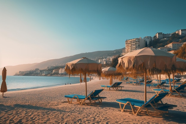 Sunbeds and parasols on beach in Sarande Albania during sunset afternoon aesthetic look