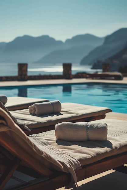 Photo sunbeds with towels by the pool with sea views