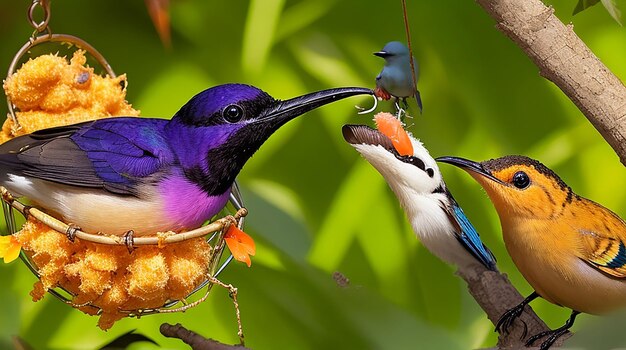 A sunbird Nectarinia jugularis female with a beak full of food carefully feeding her newly hatched