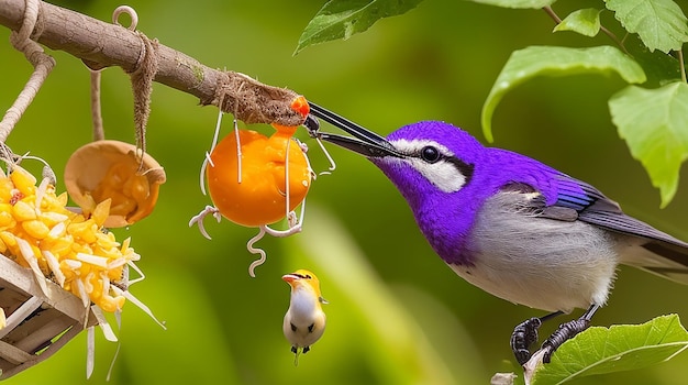 A sunbird Nectarinia jugularis female with a beak full of food carefully feeding her newly hatched