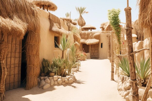 Photo sunbleached adobe houses with cactus gardens and woven mats