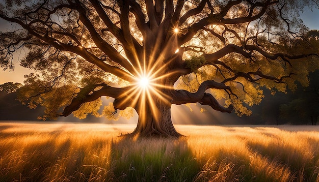 Sunburst background with tree