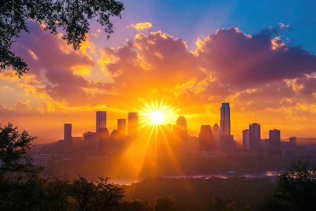 Sunburst Over Downtown City Skyline at Sunrise