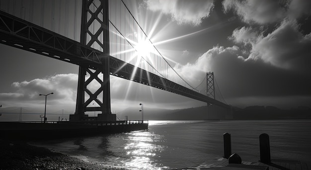 Sunburst streams through the structure of a bridge in a black and white photograph creating