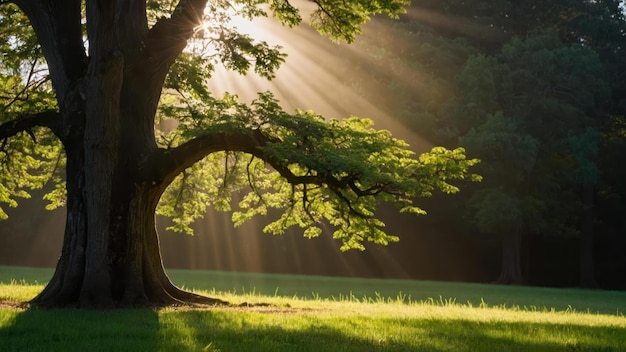 Sunburst through a majestic tree on a serene grassland