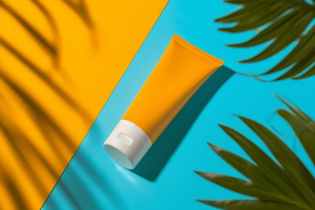 Suncream sun lotion packaging mockup tube on a bright sunny background with tropical palmtree leaf