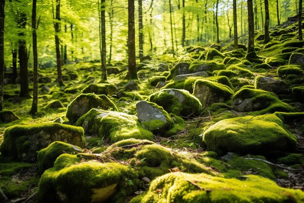 Photo sundappled forest glade with soft green moss covering the ground