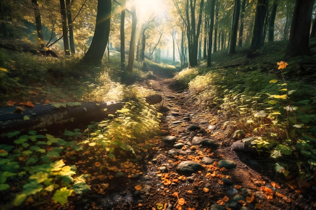 A sundappled forest trail with dappled sunlight filtering through the leaves and the gentle crunch of fallen leaves underfoot