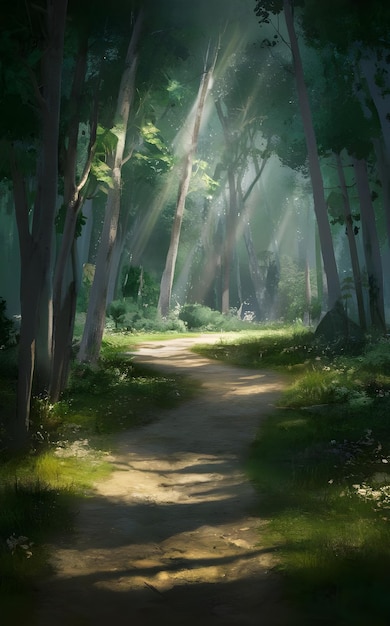 A sundappled path winds through a serene forest