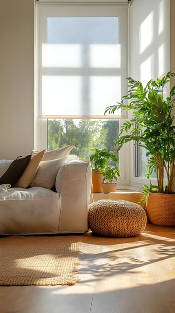 Photo sundrenched living room with plants white sofa and knit ottoman