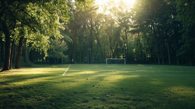 Photo a sundrenched soccer field nestled in a forest clearing basking in gentle rays with the goalposts framed by lush greenery