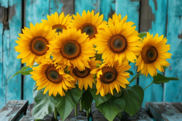 Sunflower Against Rustic Blue Wooden Background A single bright sunflower stands out against a rustic blue wooden backdrop evoking a sense of rustic charm and the vibrancy of summer