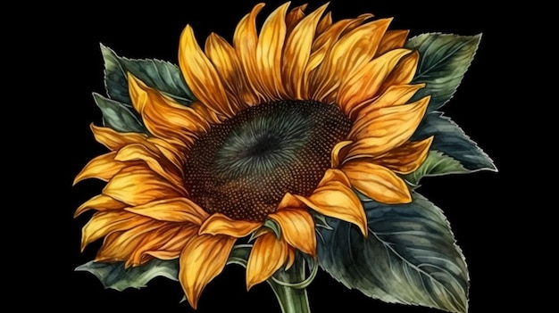 Sunflower on a black background Digital painting Closeupgenerative ai