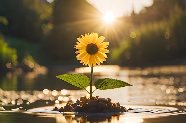 A sunflower in a bowl with the sun shining on it