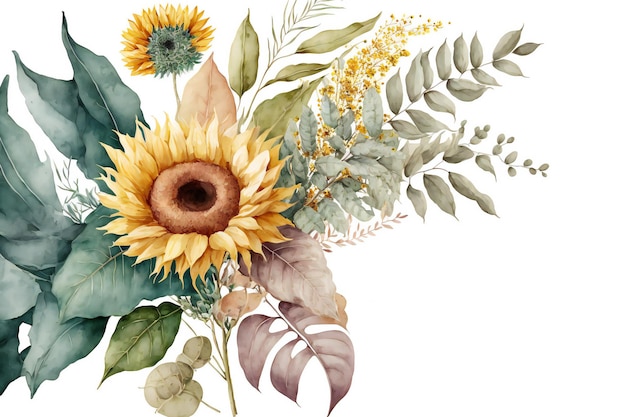 Sunflower and eucalyptus leaves bouquet watercolor nature flowers gardens