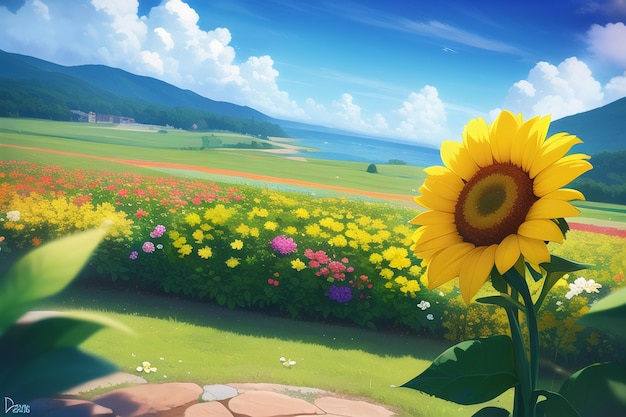 A sunflower in a field of flowers