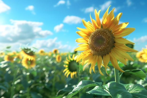 Sunflower field in full bloom stretching towards the horizon under a clear blue sky