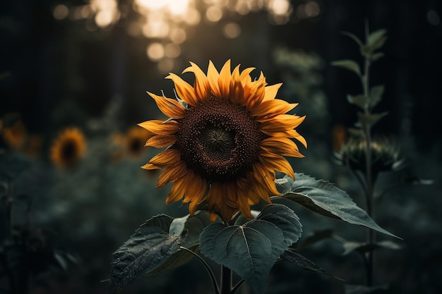 A sunflower in a field of sunflowers