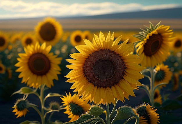 Sunflower field at sunset Beautiful landscape with sunflowers generative ai