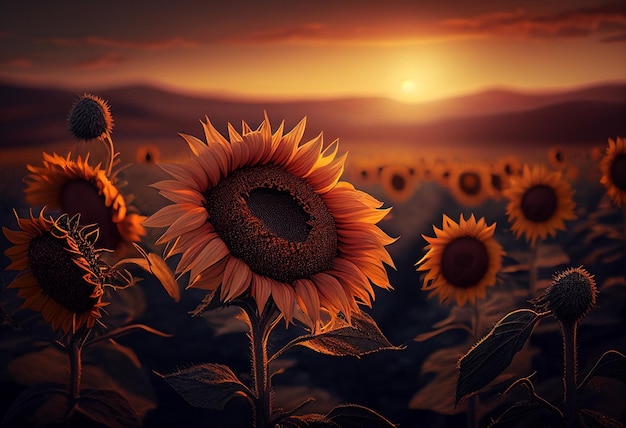 Sunflower field at sunset Beautiful landscape with sunflowers generative ai