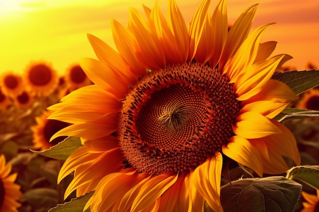 Sunflower field at sunset Closeup of sunflower