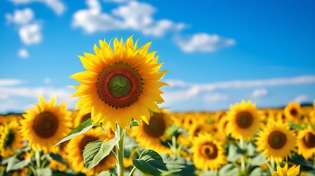 Sunflower field with cloudy blue sky