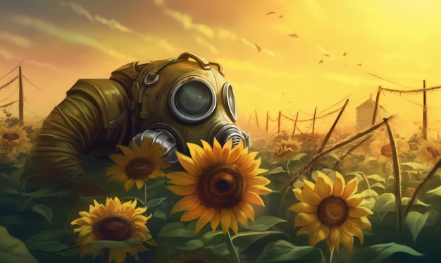 A sunflower field with a gas mask on it