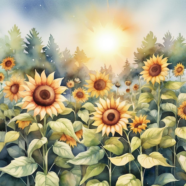 a sunflower field with the sun behind it