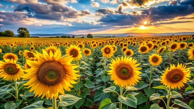 a sunflower field with the sun behind it