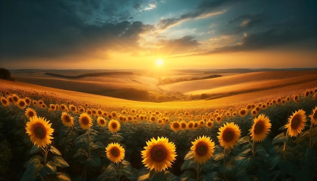 A sunflower field with the sun setting behind it