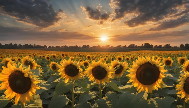 a sunflower field with the sun setting behind it